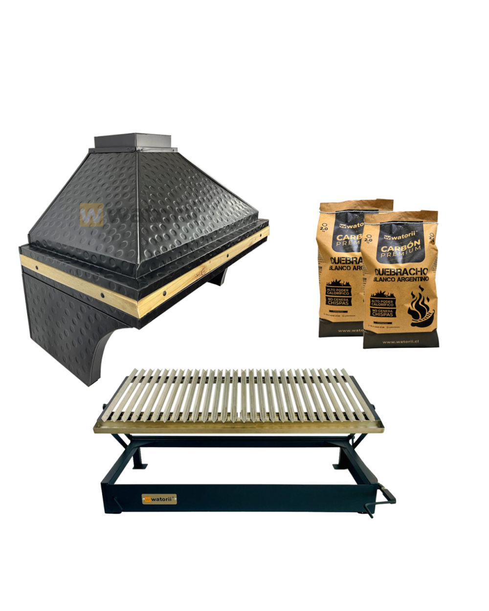 Pack Campana Martillada + Parrilla Black Iron W800 WATORII + 5 Kg DE Carbón Quebracho Blanco Argentino