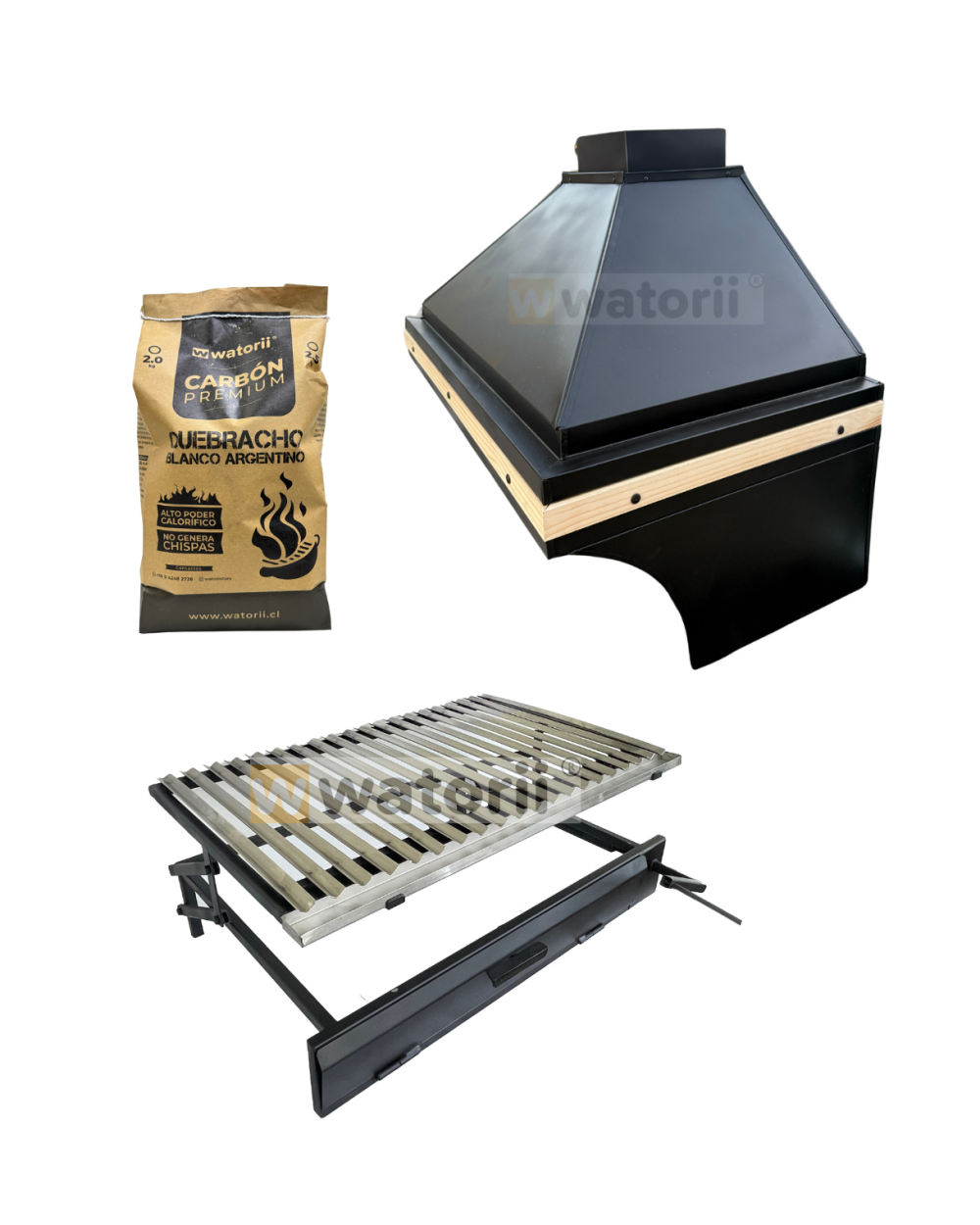 Pack Campana Lisa con Madera + Parrilla W800 WATORII + 2,5 Kg de Carbón Quebracho Blanco Argentino