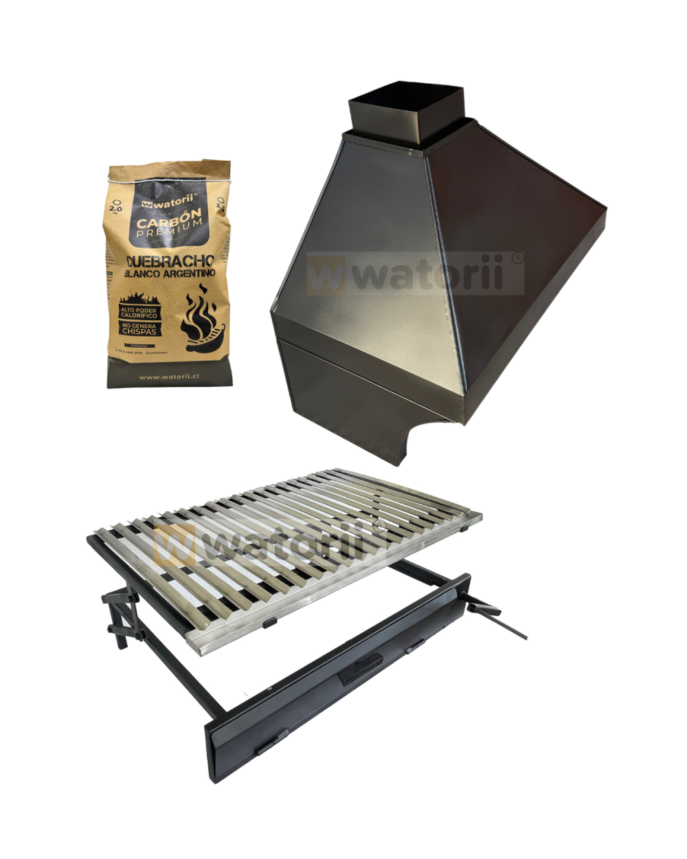 Pack Campana Lisa sin Madera + Parrilla W800 WATORII + 2,5 Kg de Carbón Quebracho Blanco Argentino